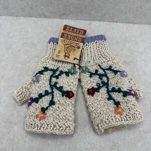 Andes Gifts Fingerless Gloves One Size Cream New Floral Hand Knit Fair Trade NWT